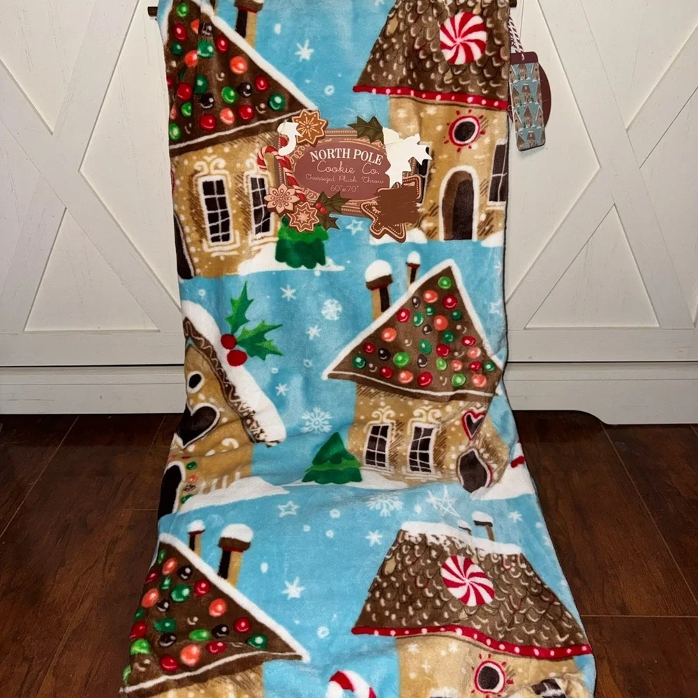 Blue Gingerbread House Holiday Plush Throw Blanket